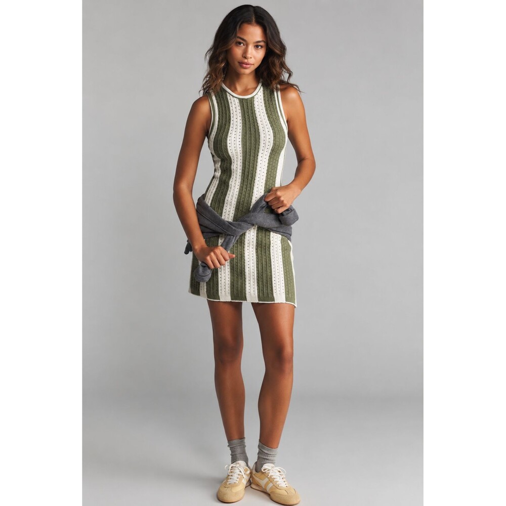 ANTHROPOLOGIE DAILY PRACTICE New‎ LARGE Knit Mini Dress Sleeveless Green Striped